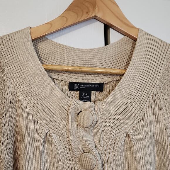 INC Womens Long Line Silk Blend Button Tie Front Short Sleeve Tan Cardigan SM - Picture 6 of 9
